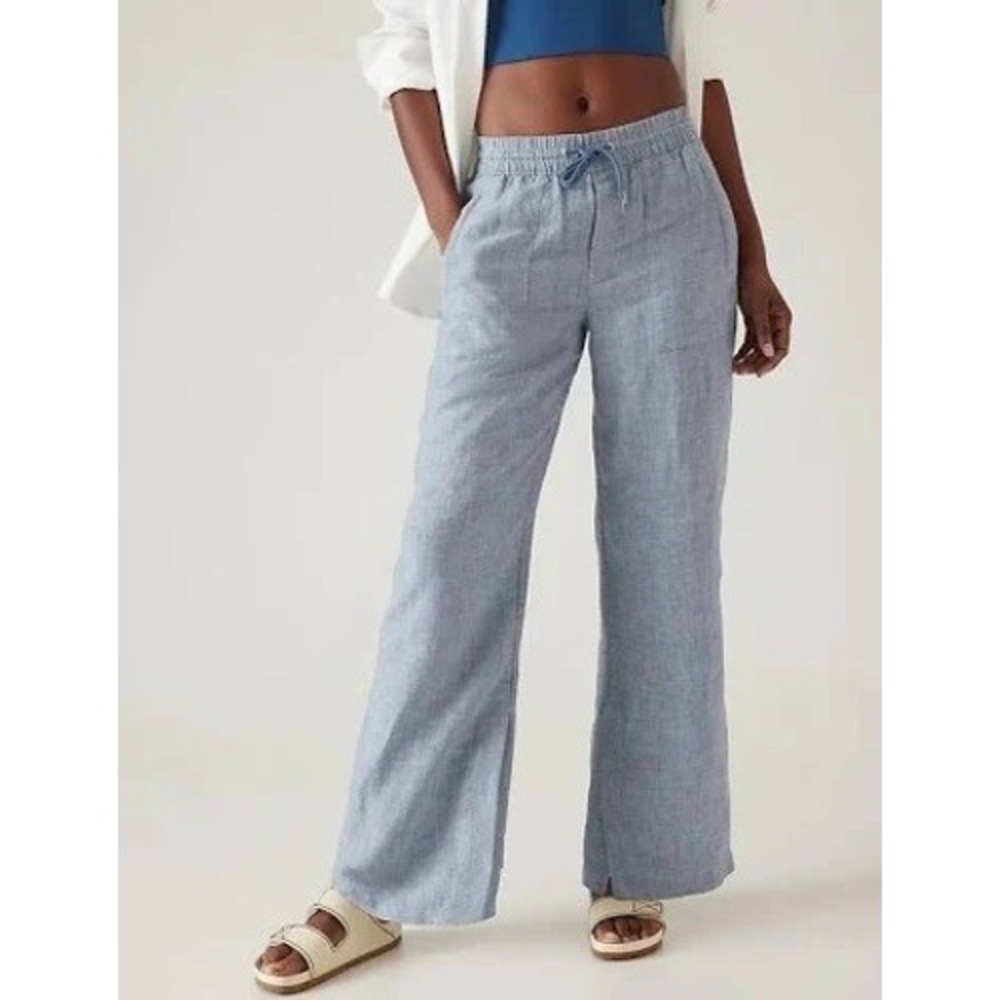 Athleta Retreat Linen High Rise Wide Leg Pant Size 8 Chambray Blue Coastal Beach